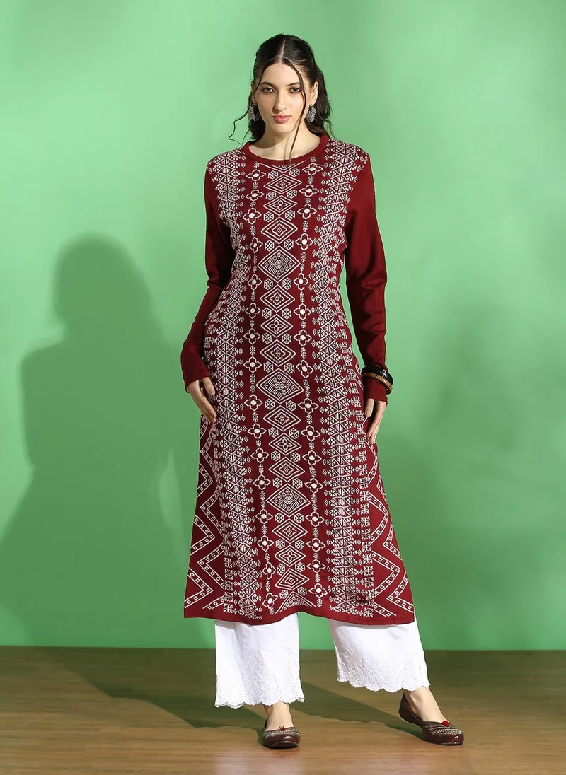 globus Globus Women Maroon Round Neck Full Sleeves Placement Weave Knitted Acrylic Loose Fit Winter Wear Kurta